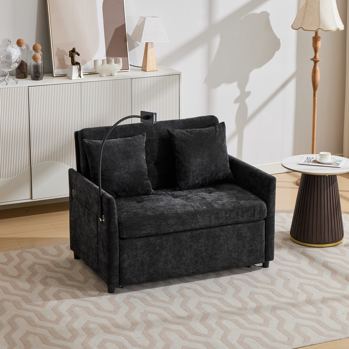 DESMIU Slaapbank 1 Zits 109 Cm - Uitklapbaar Met Usb Oplaadpoort En Tablet Houder - Voor Woonkamer, Slaapkamer En Kantoor - Stof - Zwart