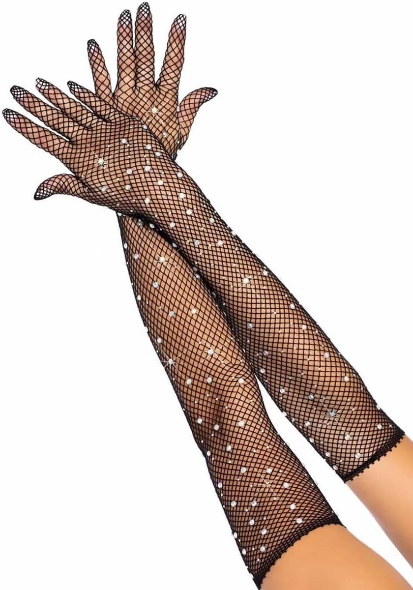 Visnet Handschoenen Zwart - Rhinestone - Lange Maat - Perfect voor Feest en Kostuum - ShopVlot