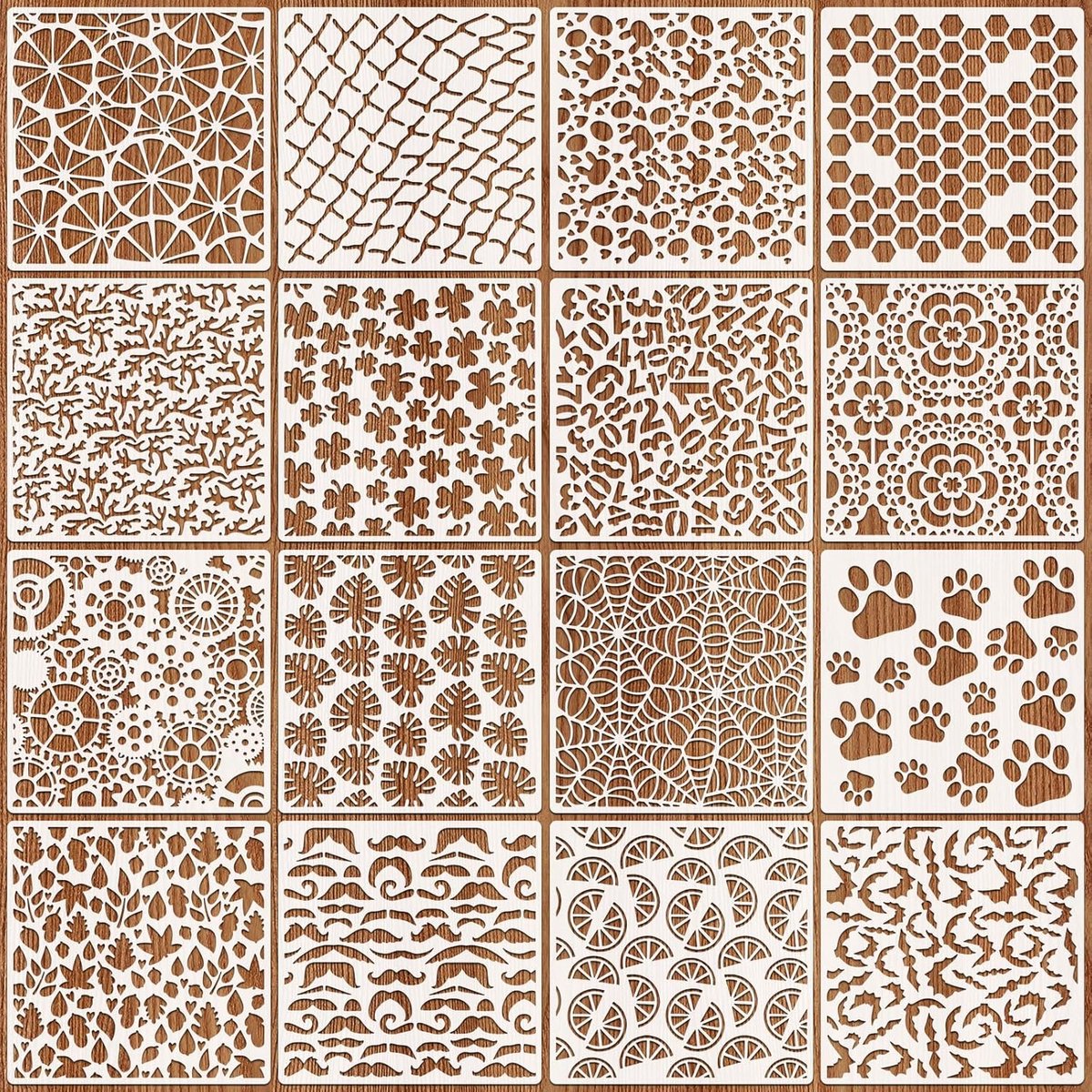 Schilderstencils 16-delig - Herbruikbare sjablonen - Diverse patronen - Perfect voor DIY kunstprojecten - ShopVlot