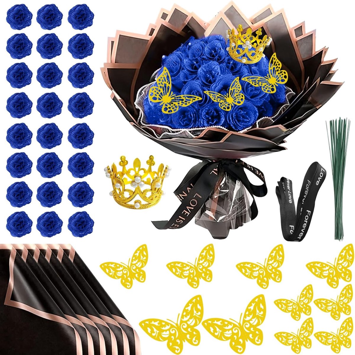 Glitter rozenboeket 24 stuks - donkerblauw - inclusief kroon - perfect voor persoonlijke DIY creaties - ShopVlot