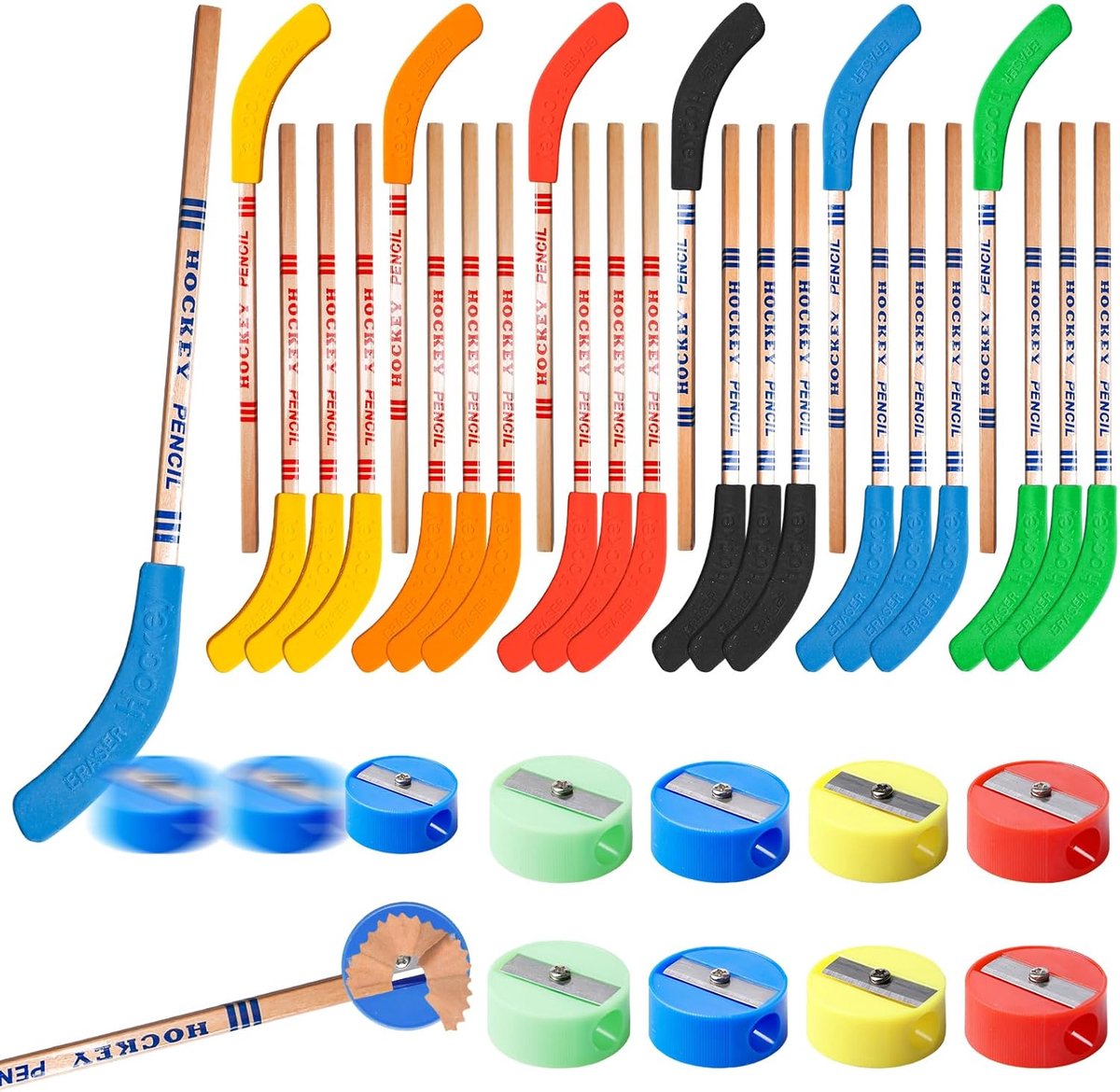 Hockeypotlood 24 stuks - met gum en mini slijpers - kleurrijke hockeysticks - ideaal voor studenten en feestdecoraties - ShopVlot