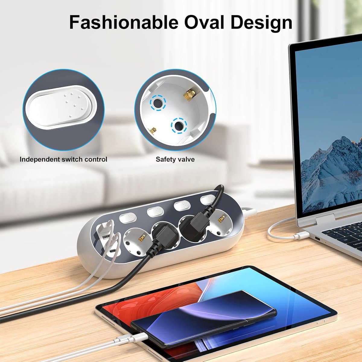 Tafelaansluiting met USB C - 4-voudige stekkerdoos - afzonderlijk schakelbaar - ideaal voor thuis en op kantoor - ShopVlot