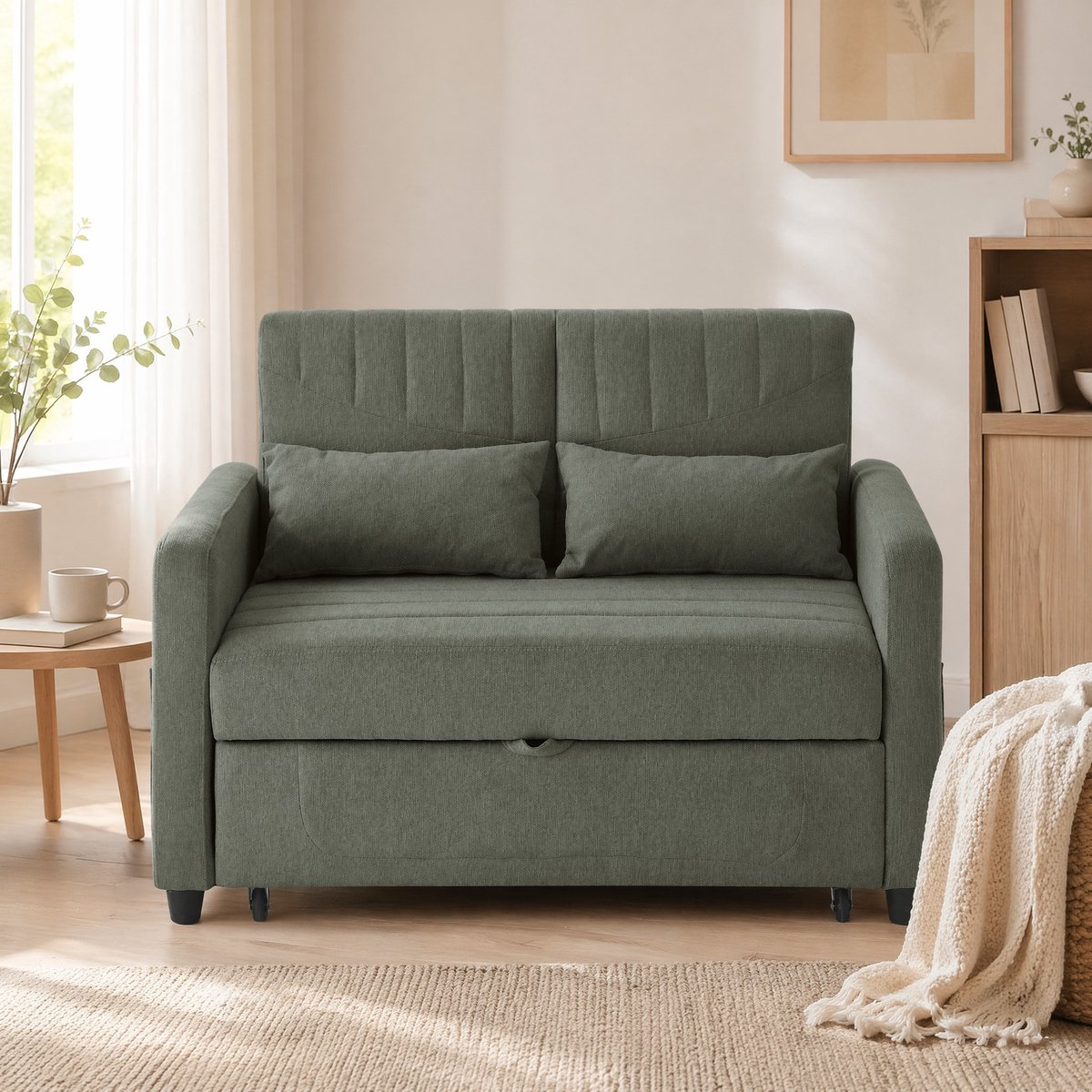 DESMIU Slaapbank 2-Zits 114 Cm - Uitrekbaar Met 3-Voudig Verstelbare Rugleuning - Voor Woonkamer En Slaapkamer - Stof - Army Green