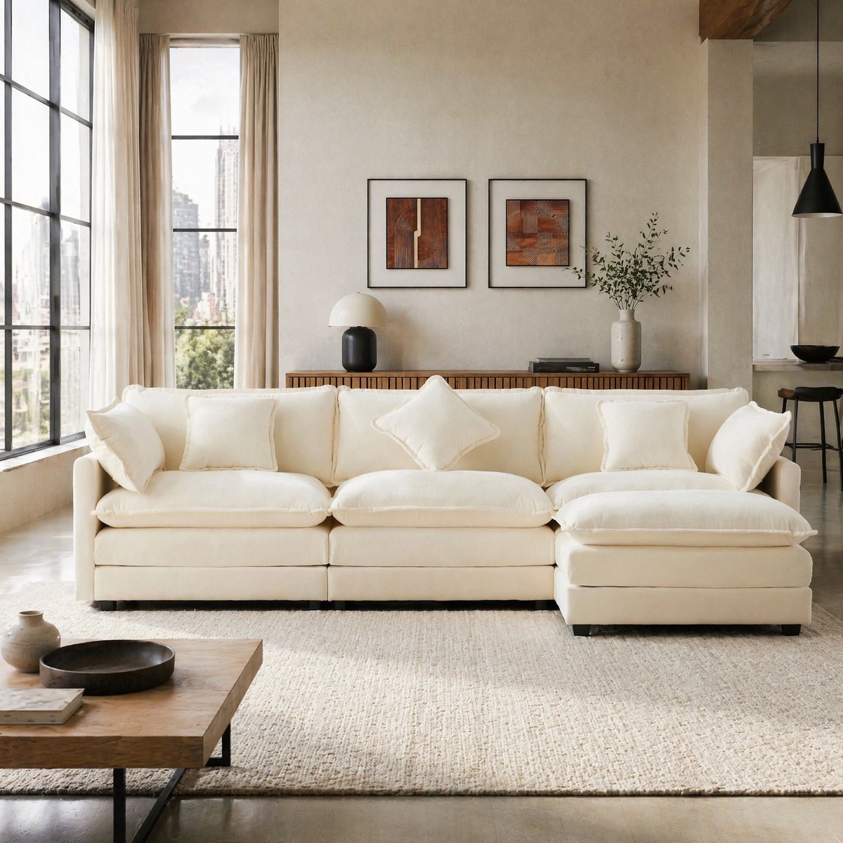 DESMIU Hoekbank 3-Zits - L-Vormig Met Verplaatsbare Voetenbank - Voor Woonkamer En Slaapkamer - Chenille - Beige