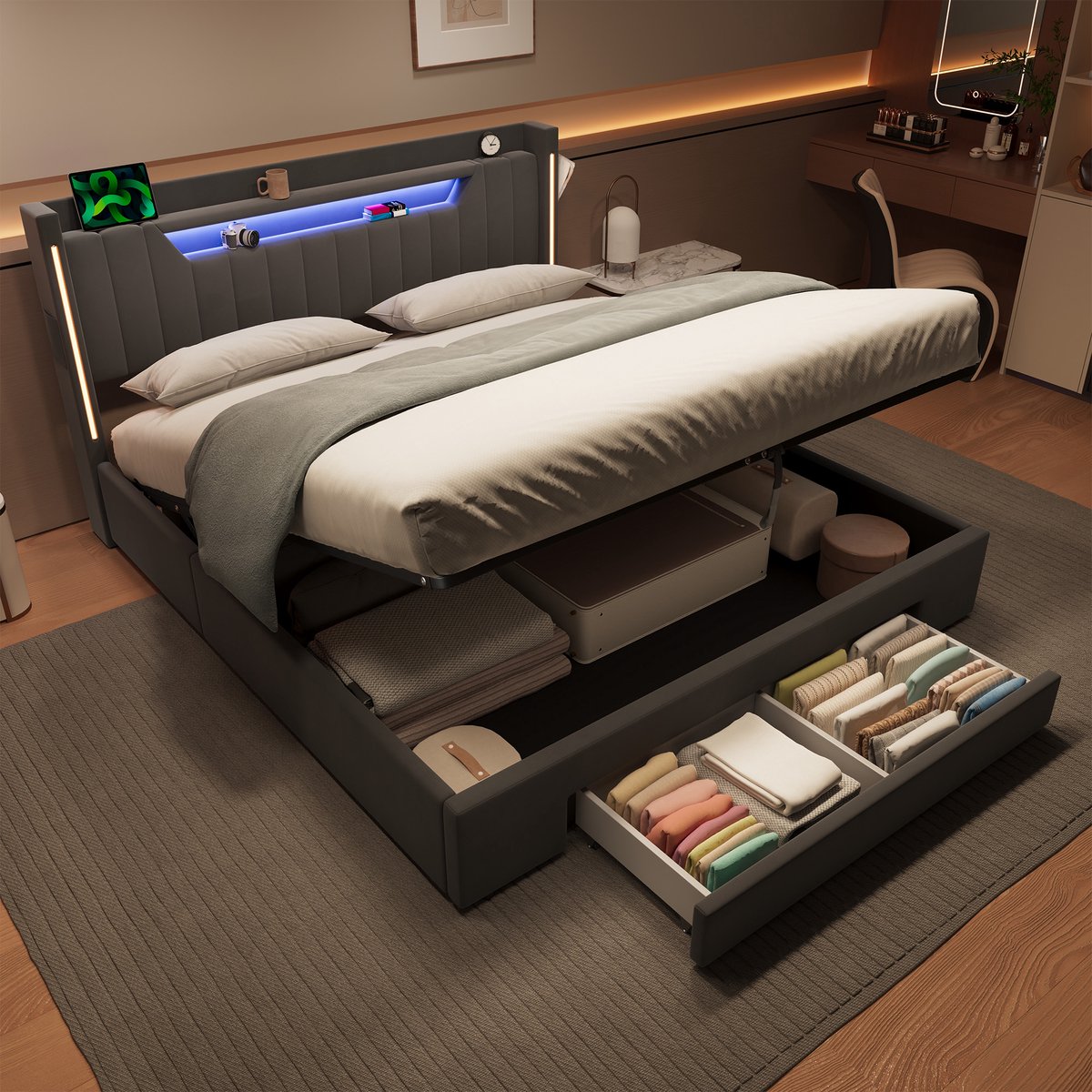REDOM Tweepersoonsbed 160x200 cm – Luxe Velvet Opbergbed met LED Verlichting en Laadstation – Ruim Slaapkamerbed met Hoofdbord – Grijs