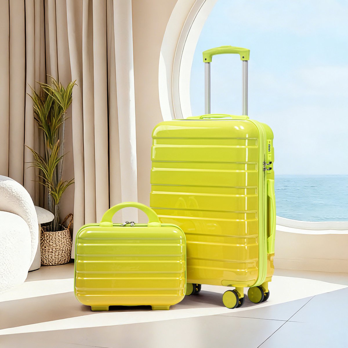 COVREO Kofferset 20 inch en 14 inch groen, hardcase polycarbonaat met cijferslot