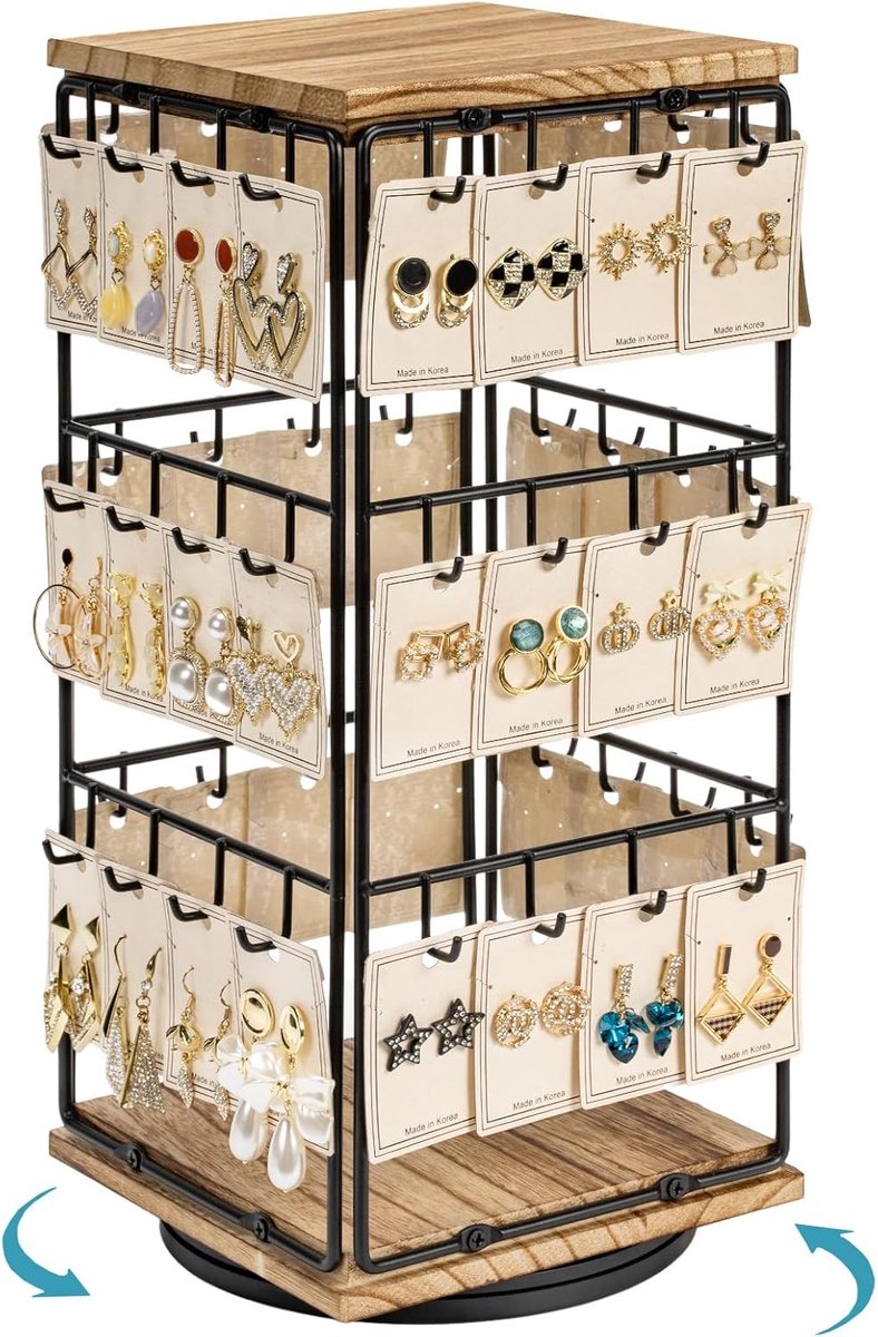 Earring Organiser, 360° Rotatable, 3 Layers with 48 Hooks, Wooden Tray for Earrings, Rivets (Metal and Wood) - ShopVlot