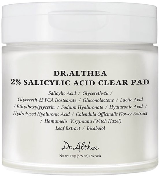 Pot met 2% Salicylic Acid Clear Pads van Dr. Althea, met ingrediënten en inhoud.