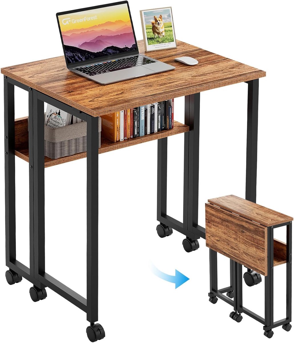 GreenForest Small Foldable Desk with Wheels, 63×50cm Portable Folding Desk, Foldable Desk Table with Storage Space - ShopVlot
