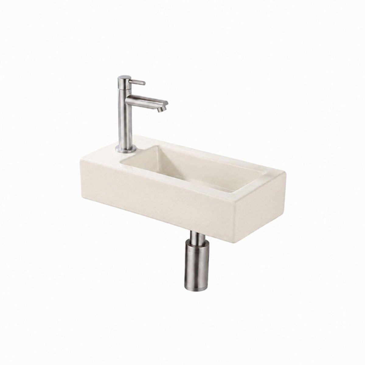 QeramiQ Fuente Fontein - 38x18.5x9cm - keramiek - fonteinkraangat links - fonteinkraan geborsteld RVS - verlaagd sifon - afvoerplug - linnen