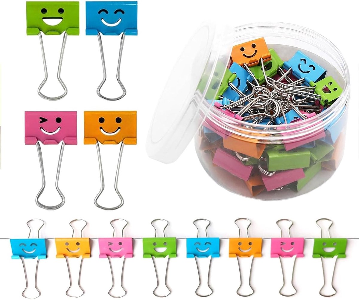 40 Pcs Folding Back Pegs, 19 mm, Folding Back Clips, Paper Clips, with Cute Smiling Clips, Assorted Colours, Colourful - ShopVlot
