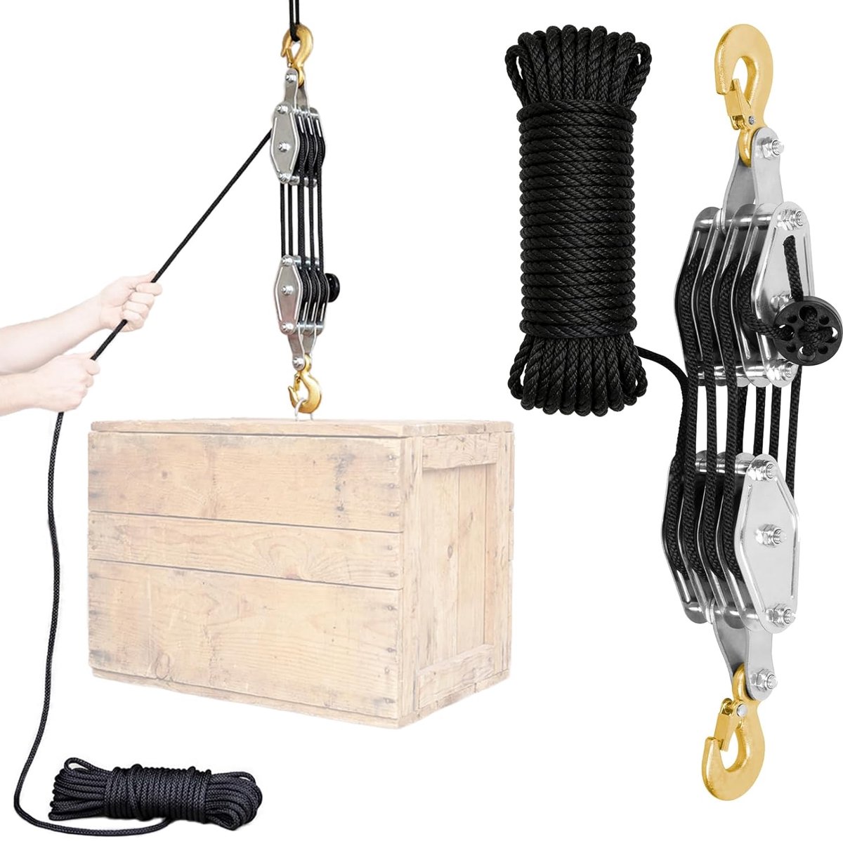 Cable Pulley System, Pulley with Cable Brake, Lifting Force Ratio 8:1, Work Saving Pulley with Hook, 16m Pulley with - ShopVlot