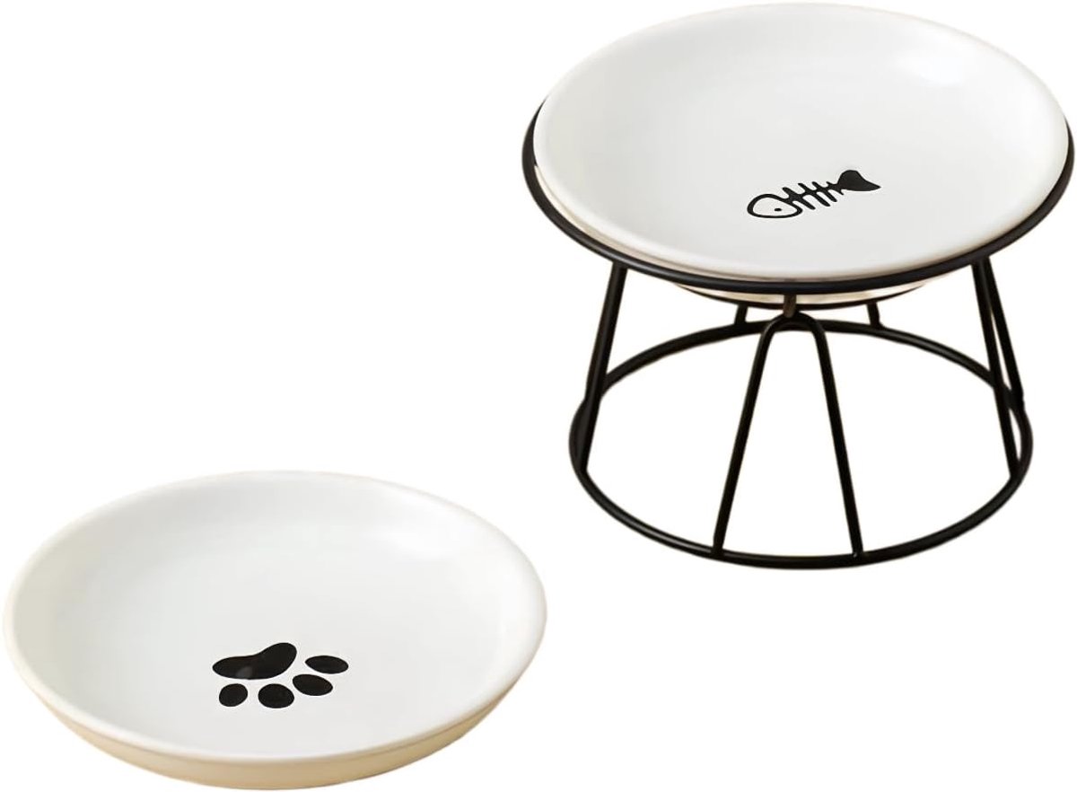 2pcs Ceramic Cat Litter Bowl, Cat Feeder Set, Raised Feeder Cat Litter Set with Raised Stand, Pet Feeder - ShopVlot