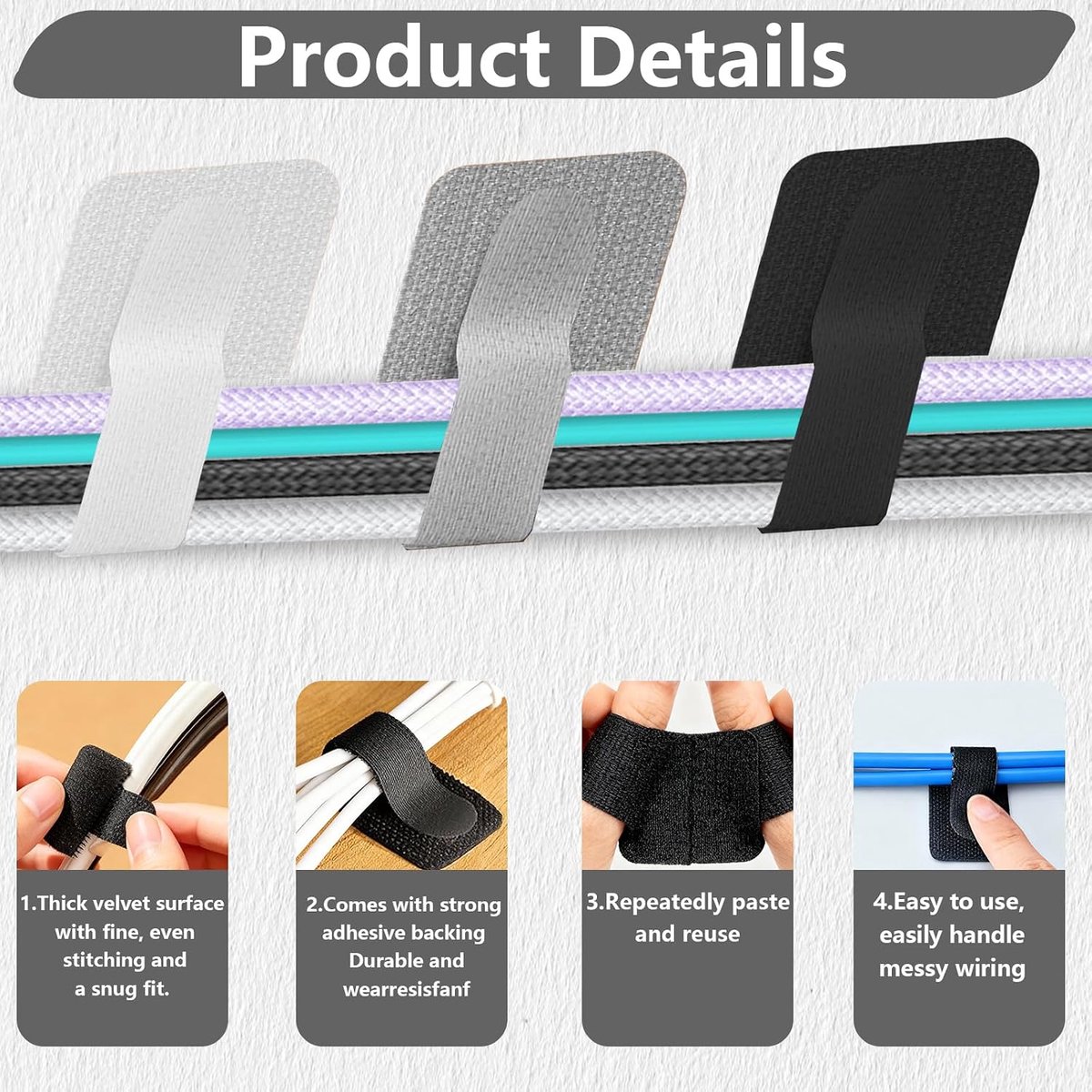 90pcs Cable Management Desk Kit Black White Grey Reusable Small Cable Ties Adhesive Cable Holder for Office Home - ShopVlot