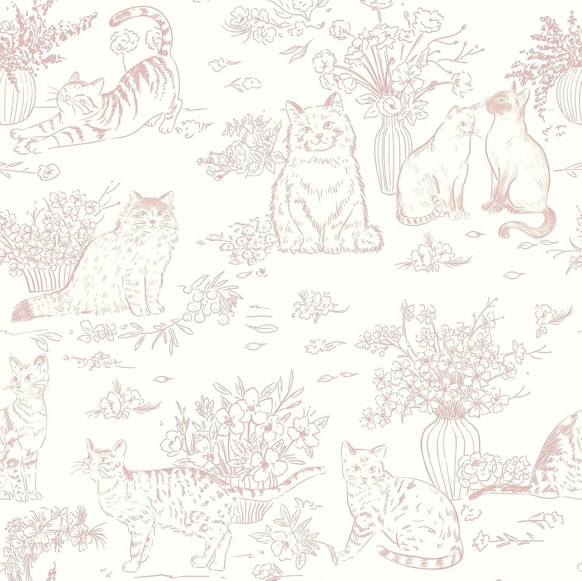 Timeet Zelfklevend behang roze 44 cm × 3 m plakfolie bloemen en kat - ShopVlot