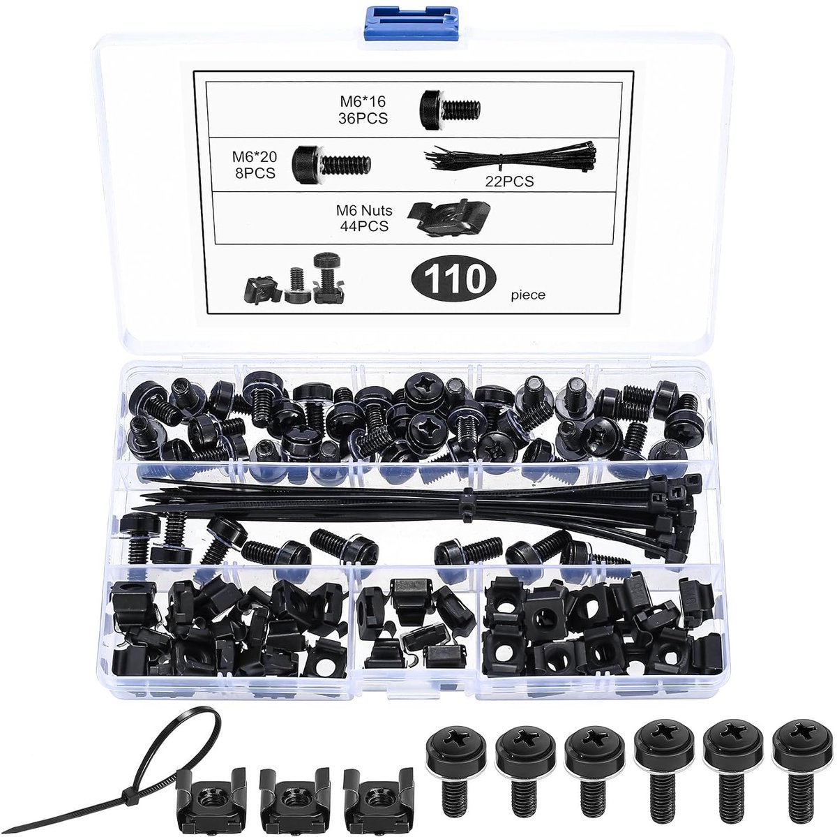 Cage Nuts Set M6 110Pcs - Hoogwaardige Koolstofstaal - Inclusief 22 Kabelbinders - Ideaal voor Serverkasten - ShopVlot