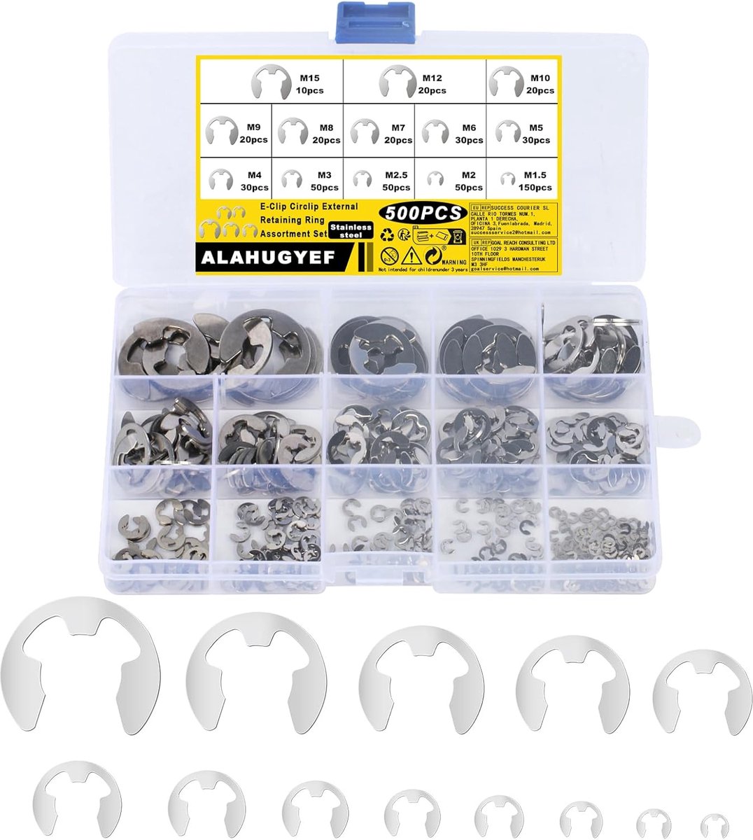 E-Clip Lock Ring Set 500pcs - 13 maten - roestvrij staal - voor bevestigen van lagers en tandwielen - ShopVlot