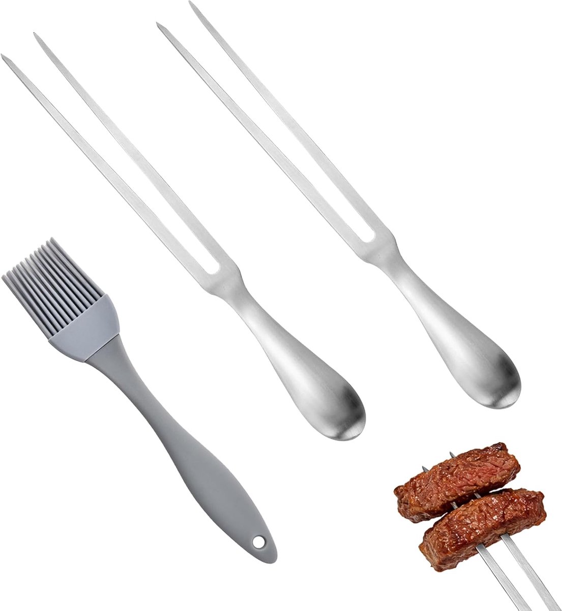 Vleesvork 30cm - RVS met ergonomisch handvat - Inclusief oliekwast - Ideaal voor barbecueën - ShopVlot