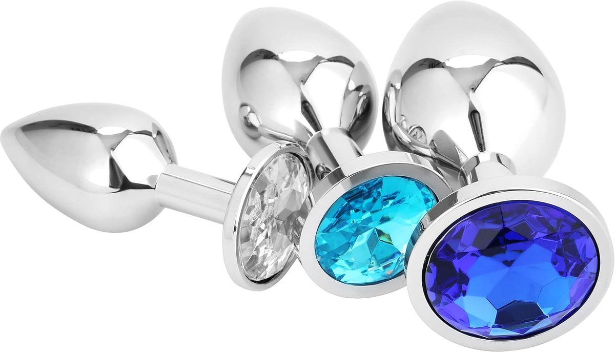 Butt Plug Set 3x - Blauw Kristal - Stalen Plugs - Voor Gspot en Prostaat Stimulatie - ShopVlot