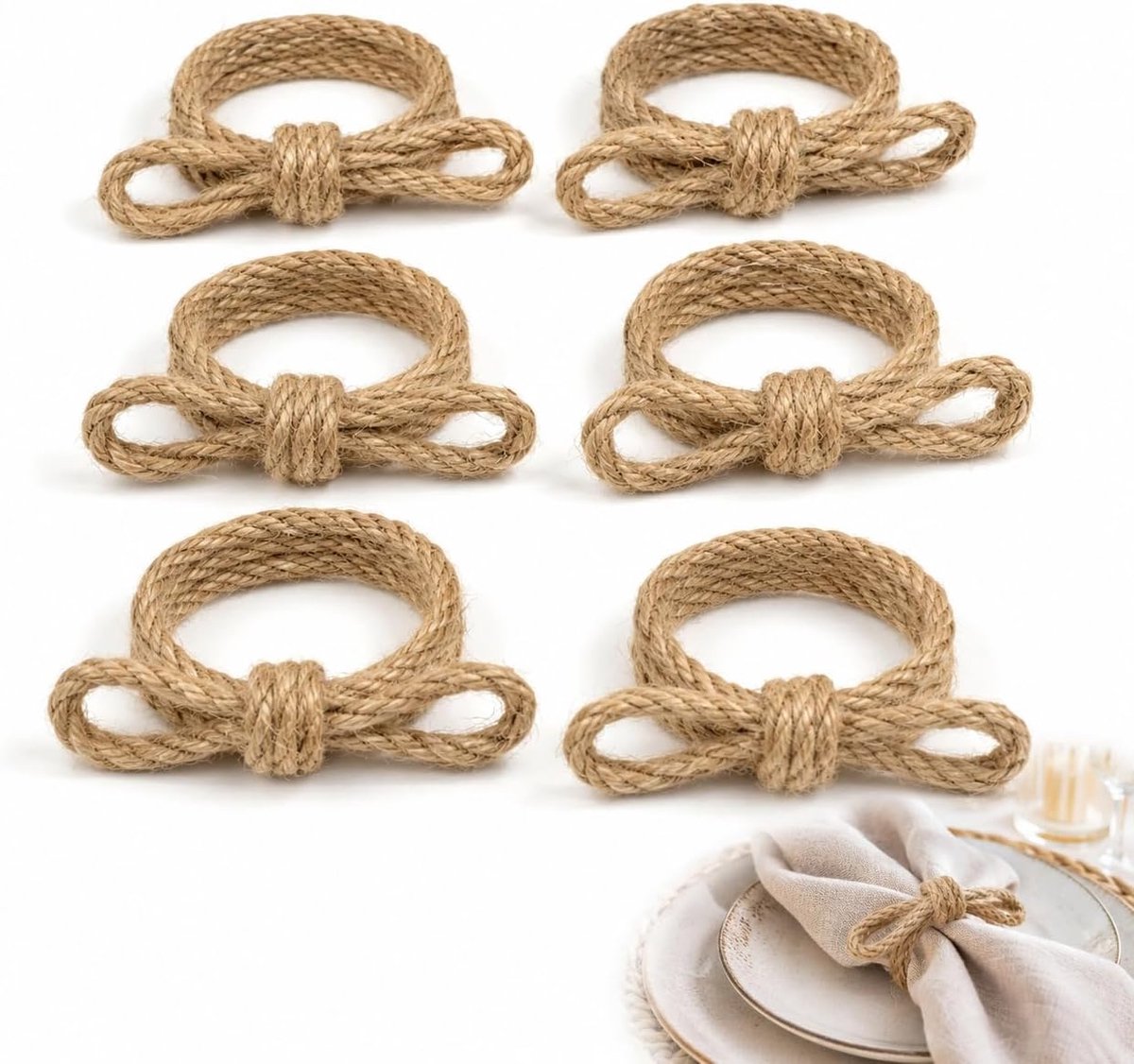 Set van 6 servetringen - ronde servetringen van jute - handgemaakt - rustieke tafeldecoratie - ShopVlot