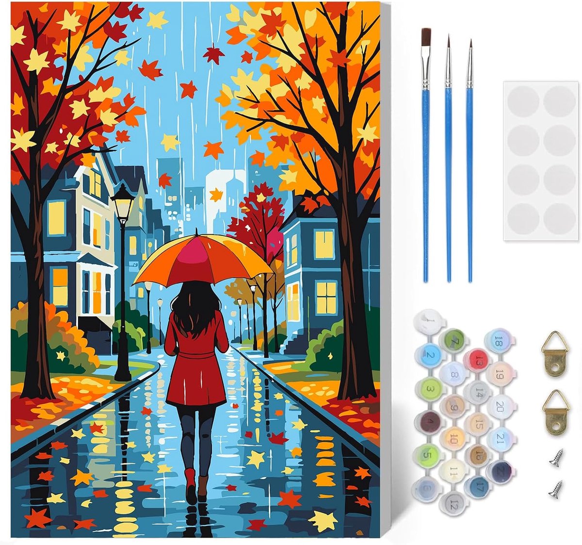 HEIBAGO Verf op nummer kits voor volwassenen, herfst stadswandeling schilderen op nummer kits op canvas voor beginners - ShopVlot