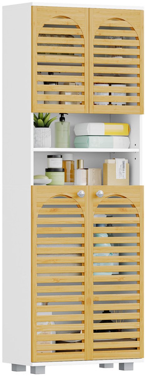 Hzuaneri Bamboe badkamerkast, hoge badkamerkast met verstelbare planken, keukenkast met 4 bamboe deuren en 2 open vakken – geschikt voor woonkamer of badkamer (30 x 60 x 171,5 cm, wit)
