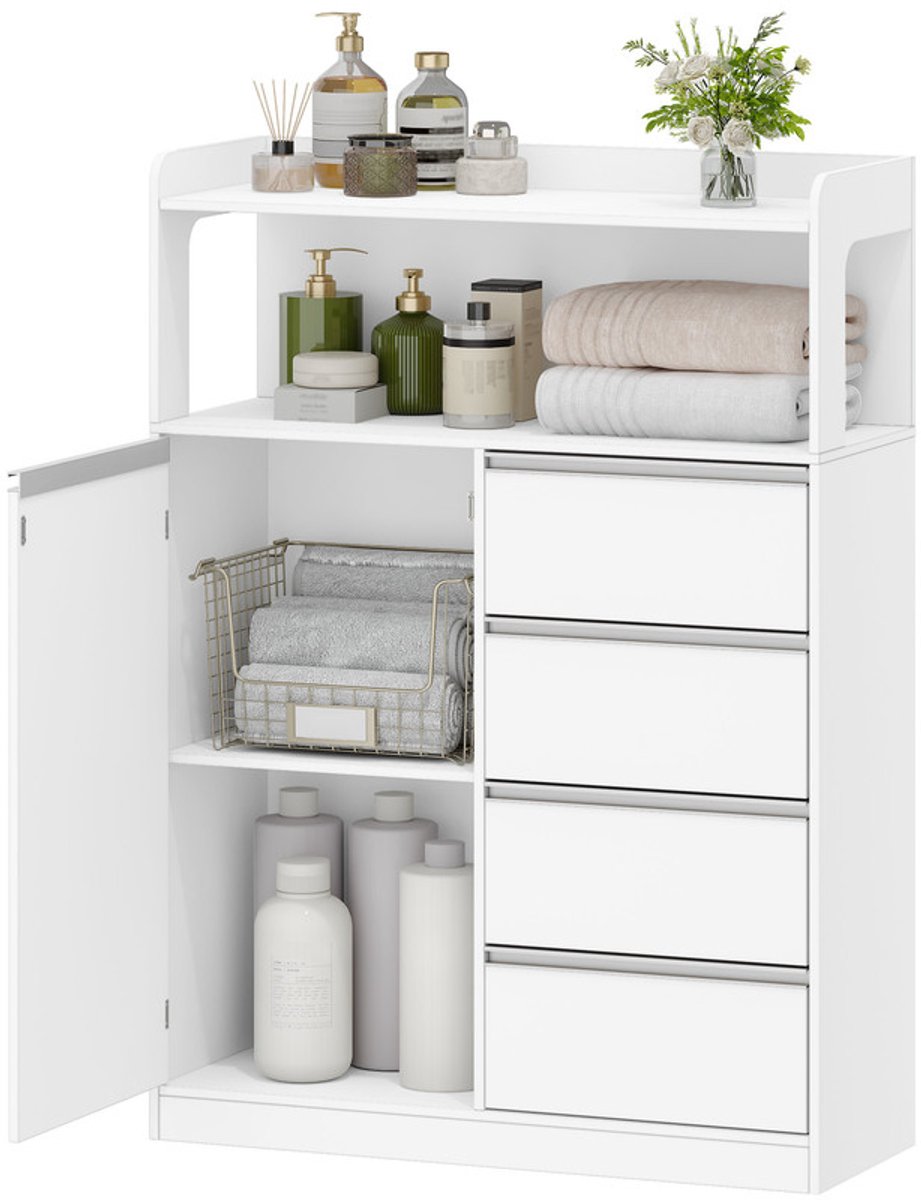 Hzuaneri Badkamermeubel met 4 laden, wit-zilver,30 x 80 x 110 cm, opbergkast, hoge kast, badkamer, verstelbare planken, badkamer, woonkamer