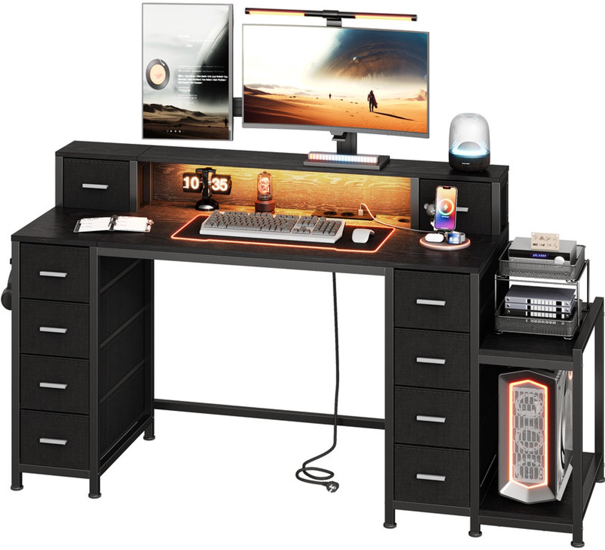 Hzuaneri Bureau met 10 stoffen schuifladen 128x48cm. Monitorst. Zwart ,Led-gamingtafel, 2 stopcontacten, USB, type C. Voor gaming en thuiskantoor. 128 x 48 cm, zwart, stabiel. Ref