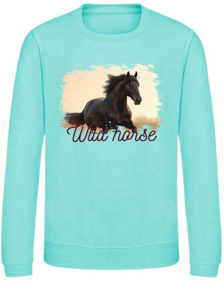 Trui met paarden afbeelding wild horses mint - Groen - 158/164
