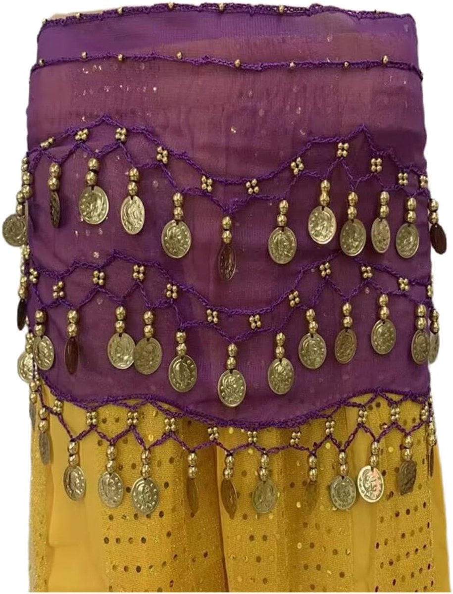 Belly Dance Hip Scarf with 72 Dangling Gold Coins, Chiffon 3 Rows, Belly Dance Skirt, Wrap Belt, Belly Dance Costume - ShopVlot
