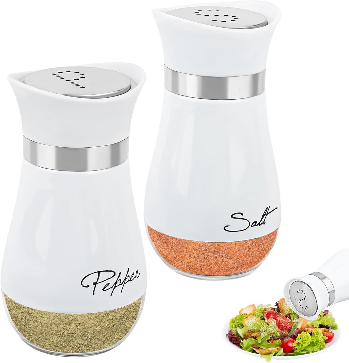 Stainless Steel Salt and Pepper Shaker Set, Salt Pepper Shaker Glass Bottom White Salt Shaker for Kitchen, Outdoor - ShopVlot