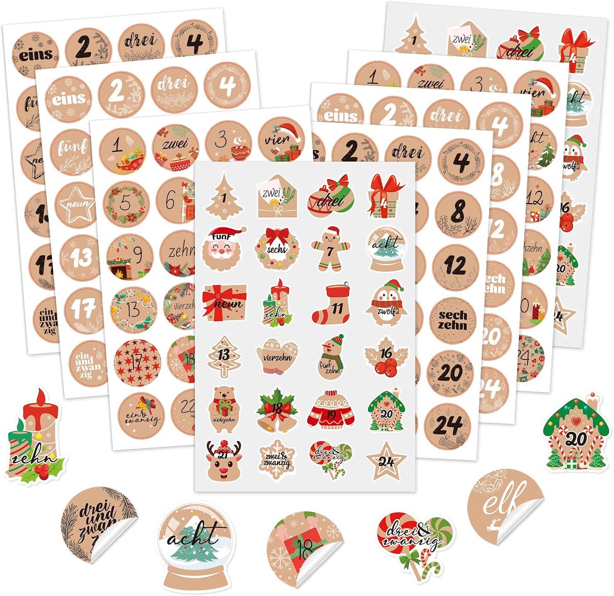 DPKOW 8 x 24 stickers advent calendar numbers, kraft christmas advent calendar stickers 1-24 numbers advent calendar - ShopVlot