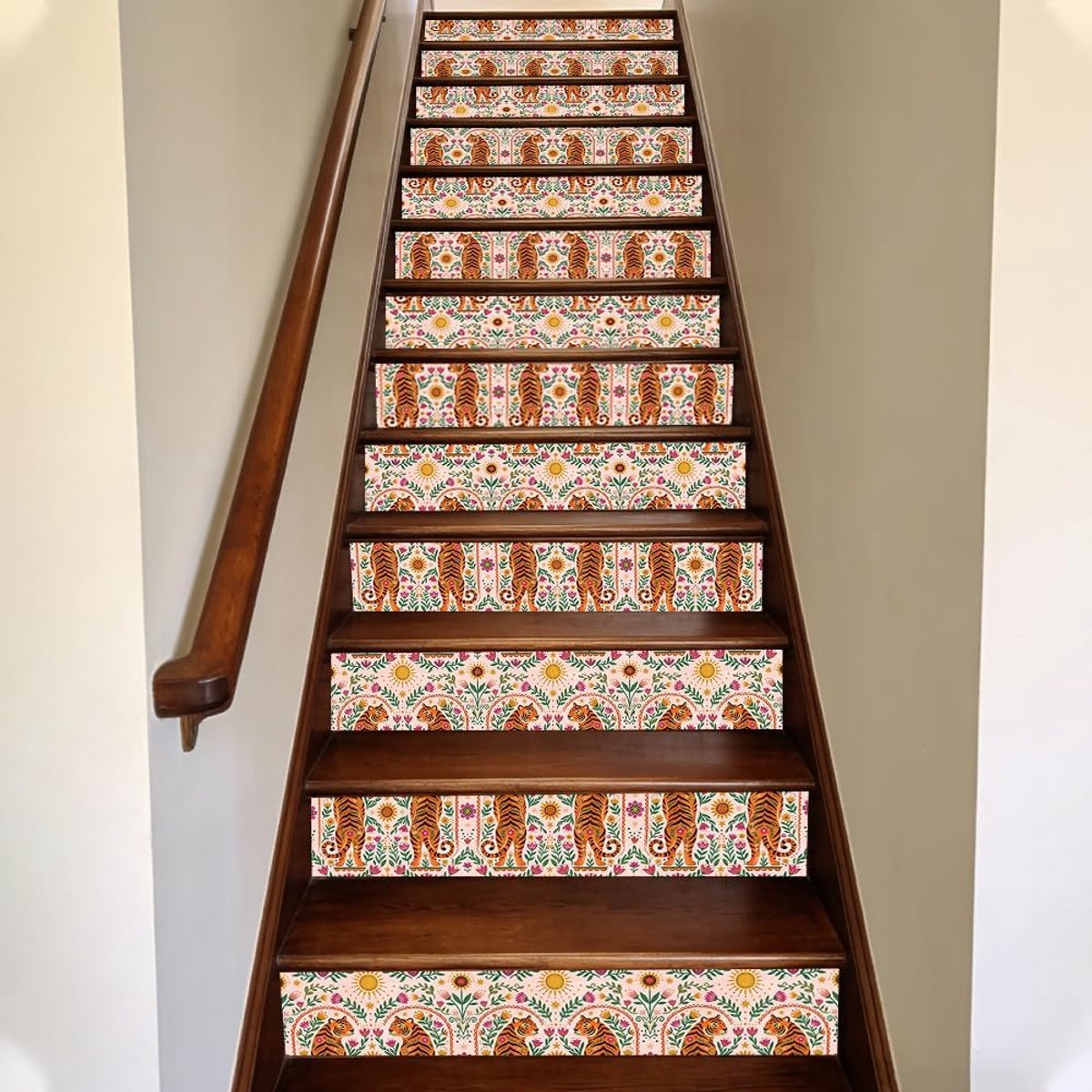 15 stuks Boho dieren trapstickers van kunststof met tropisch tijgermotief, 100 x 18 cm, zelfklevende aftrekbare - ShopVlot