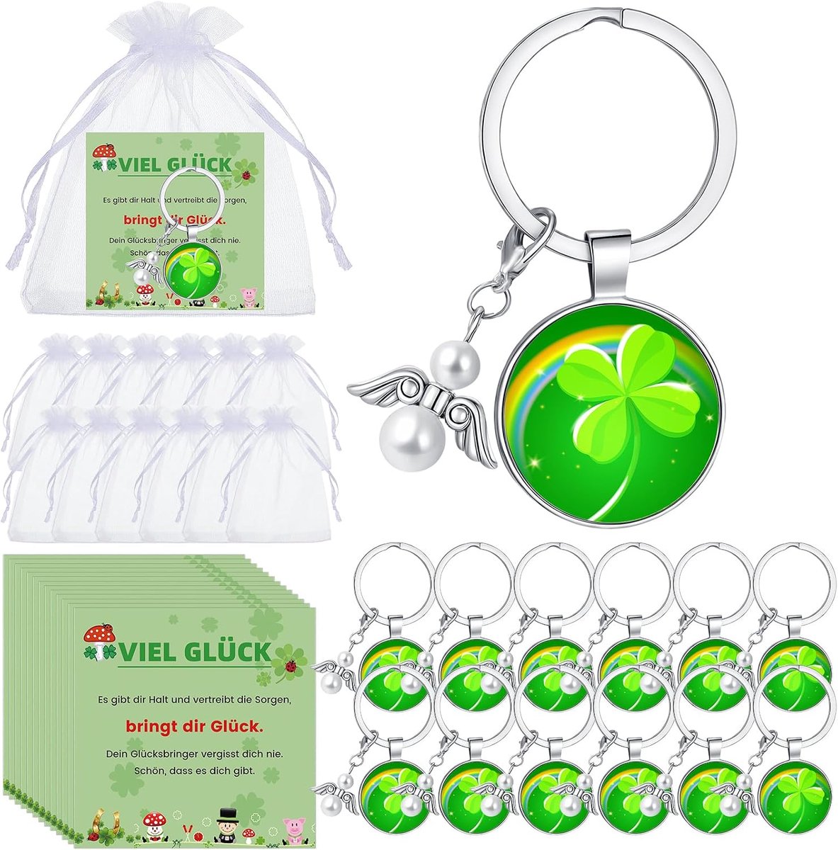 Kasyat Set of 12 lucky gifts, including 12 lucky charms, key chains, 12 angel keyrings, 12 greeting cards and 12 white - ShopVlot