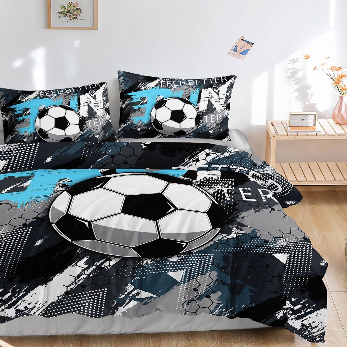 HOSIMA Football Bedding Set for Boys Girls Trendy Cool Graffiti Cartoon Football Print Duvet Cover with 2 Pillowcases - ShopVlot