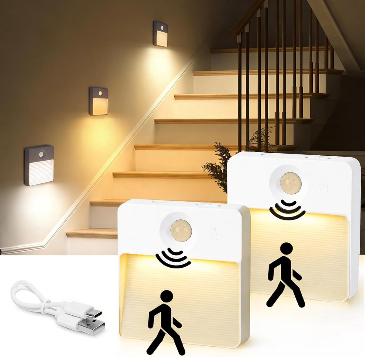 ZAIYW 2pcs Motion Sensor Night Light 3 Colors Rechargeable LED Night Light Brightness Adjustable On/Off Car Mode Kids - ShopVlot