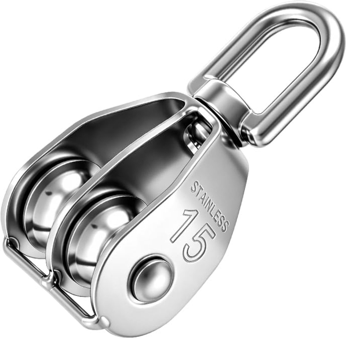 1 x dubbele katrol M15, roestvrij staal 304, robuust, dubbele kruk voor heffen en kabelsystemen, zilver. - ShopVlot