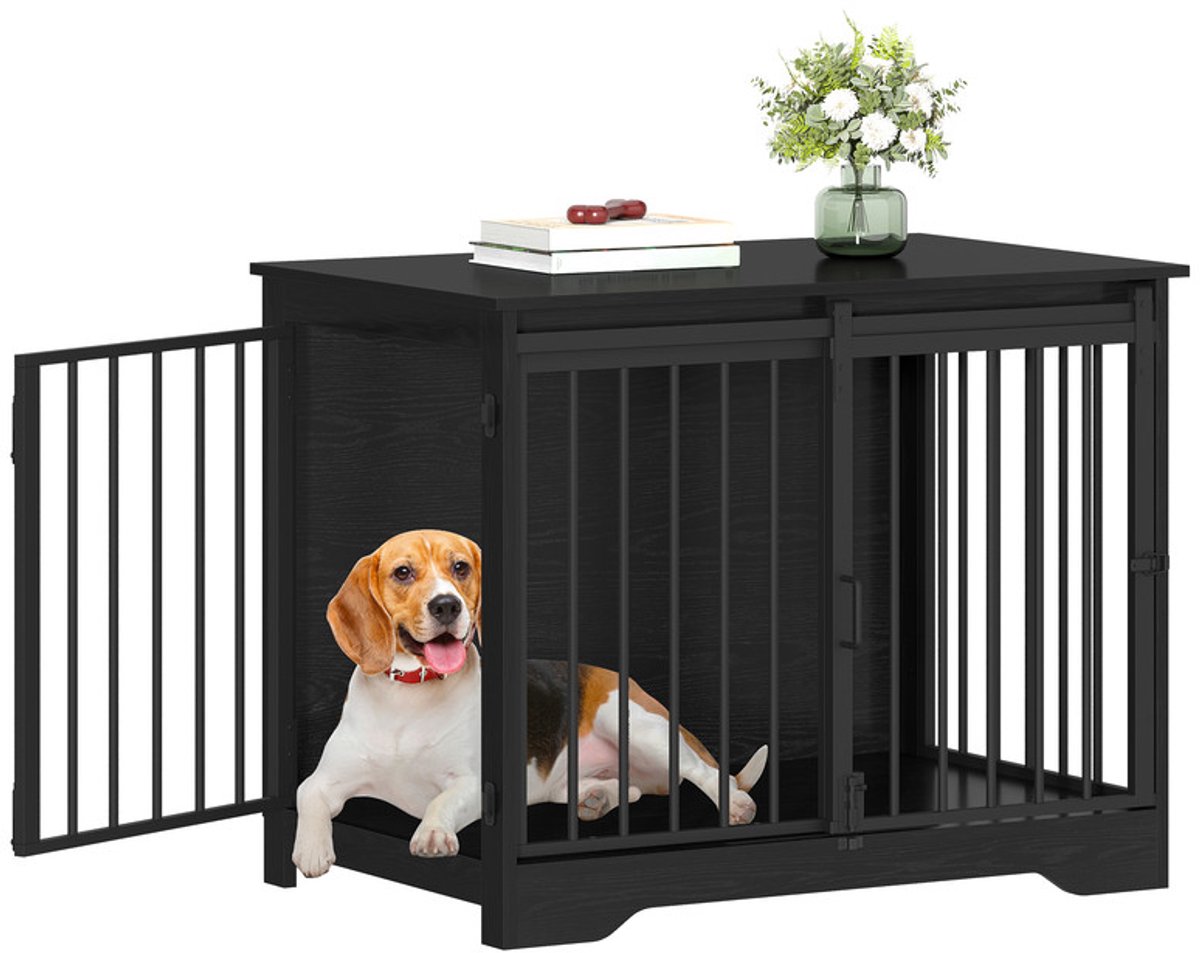 Hzuaneri 81cm Hondenbench, meubel, hondenbox, 2 deuren, modern hondenhok voor kleine, middelgrote honden, bijzettafel, hondenhuis voor thuis, 55x81x67,5 cm, Zwart
