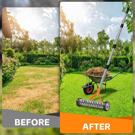 Lawn rake met wielen 32 cm - oranje - handonkruidhark - verwijdert mos en dode gras - ShopVlot — afbeelding 4