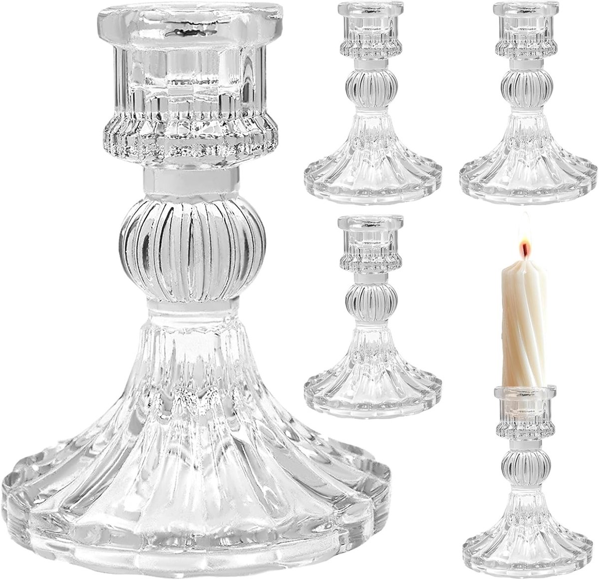 Glazen Kandelaars - Transparant - 7,8 x 7,8 x 10,3 cm - Geribbelde Kaarshouders van Verdikt Glas - Voor Huisdecor en Bruiloften