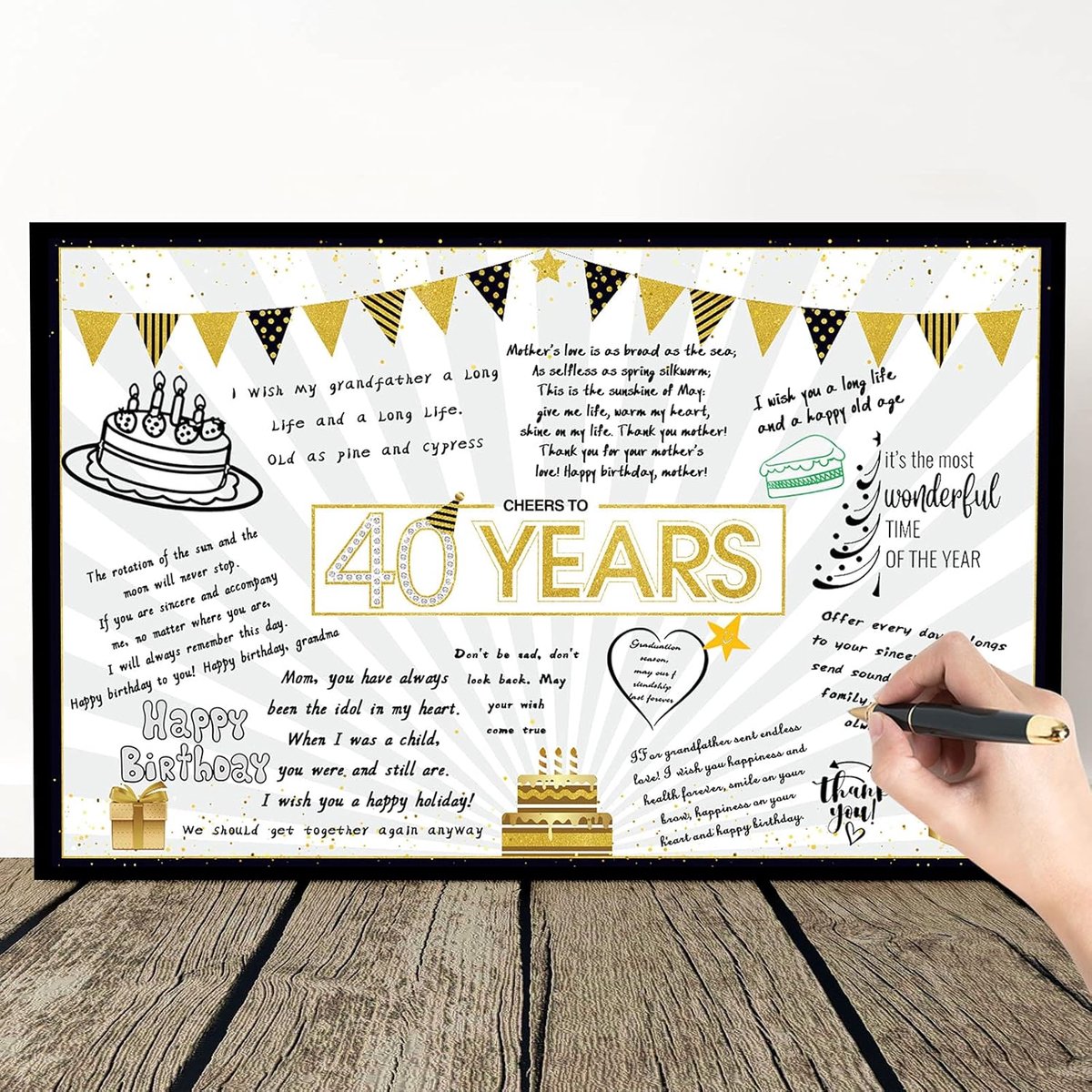 Verjaardagskaart 40 Jaar - Zwart en Gouden Ballonnen - Alternatieve Gastboek - Uniek verjaardagsherinnering - ShopVlot