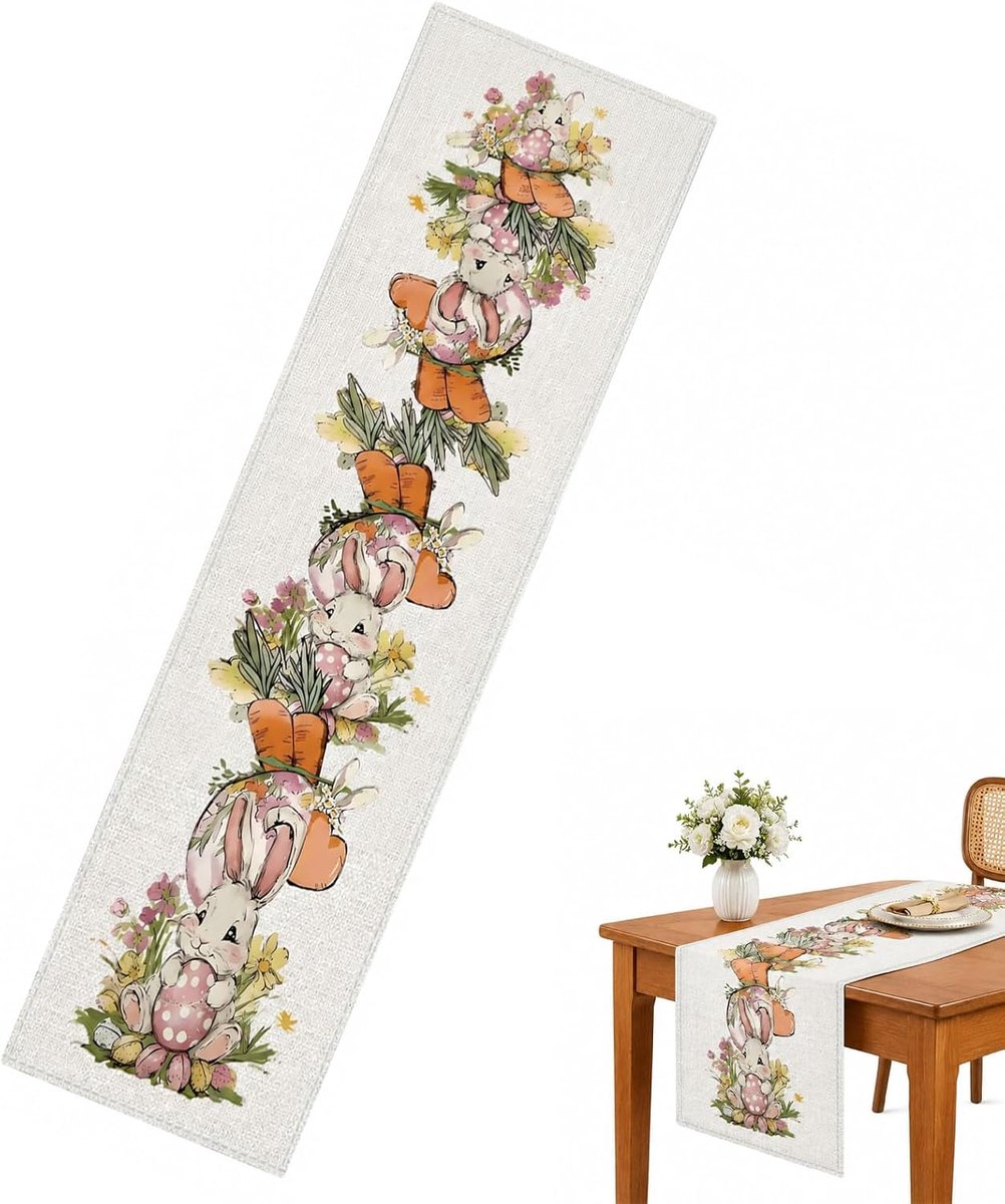 Eettafelkleed 183x33 cm - Duurzaam linnen - Schattige konijntjes en bloemen - Perfect voor Pasen - ShopVlot