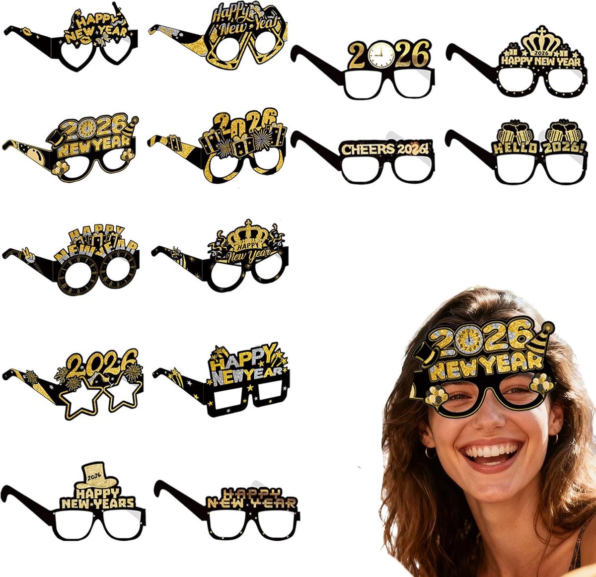 Partybril Nieuwjaar 2026 - 14 Stukken Papieren Brillen Zwart Goud - Grappige Brillen voor Oud en Nieuw - ShopVlot