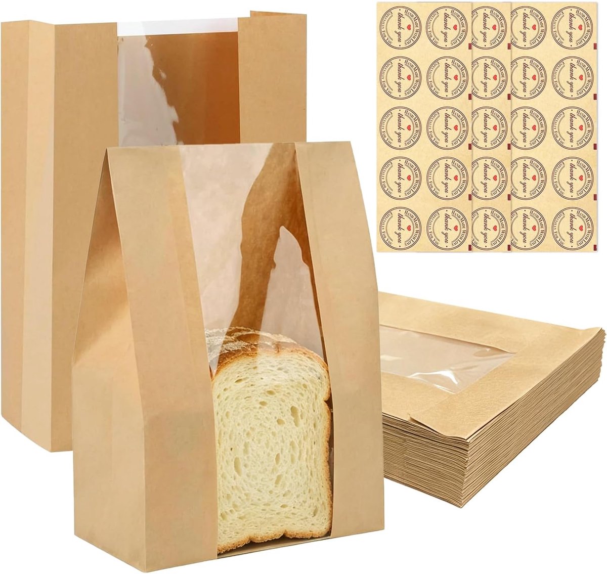 Papieren broodzakken met venster 30 stuks - Kraft papier - Inclusief stickers - Perfect voor zelfgebakken brood - ShopVlot