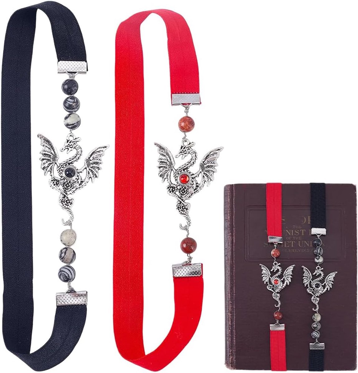Drakenbladwijzers set van 2 - elastisch met natuurlijk glas - vintage fantasie - uniek accessoire - ShopVlot