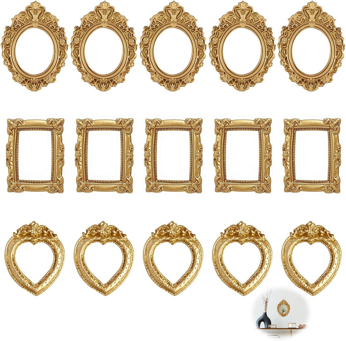 mini-fotolijsten set 15 stuks - goud - vintage barokdesign - creatieve wanddecoratie - ShopVlot