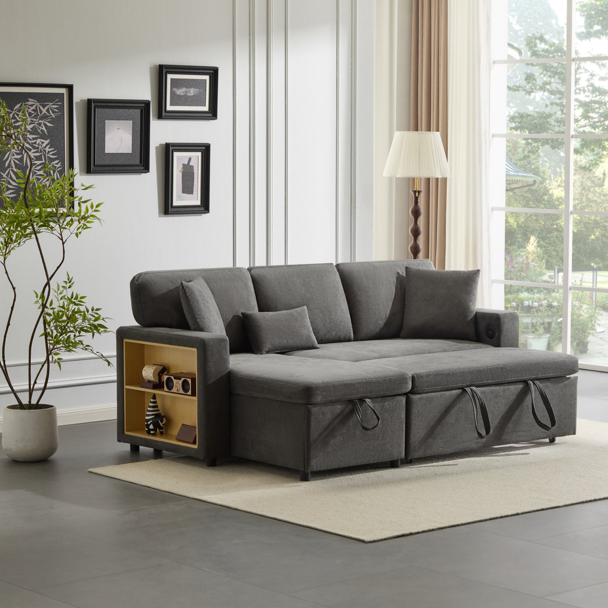 DESMIU Hoekbank 214 X 131 X 87 Cm - Uitschuifbare Slaapfunctie Met Opbergruimte En Usb Aansluiting - Voor Woonkamer - Oxford Stof Donkergrijs