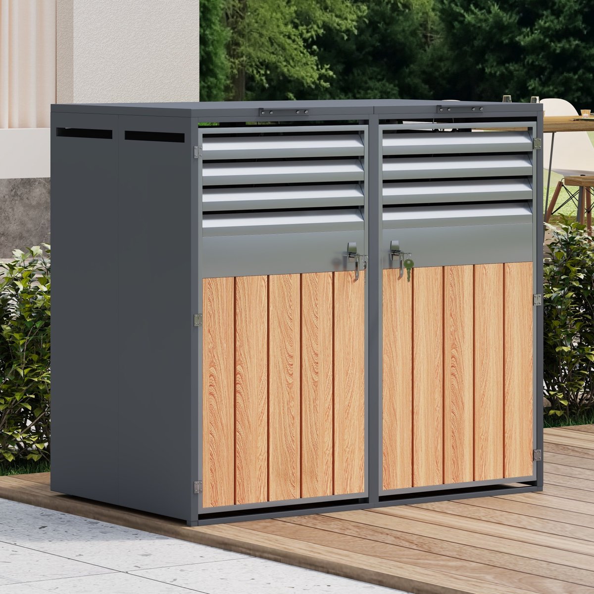 MEUNIQ containerberging voor 2 containers 132 x 80 x 118,5 cm met hydraulisch klapdeksel, afsluitbare deuren, ventilatieroosters en houtlook, grijs