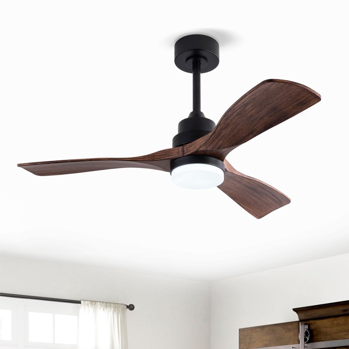 HAUSS SPOLE Plafondventilator Met Verlichting - 107 cm - ABS - Zwart En Donker Walnoot - Afstandsbediening En Omkeerbare DC-Motor