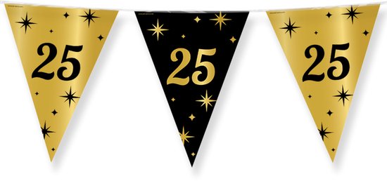 Gouden vlaggetjes met zwarte '25' en sterren.